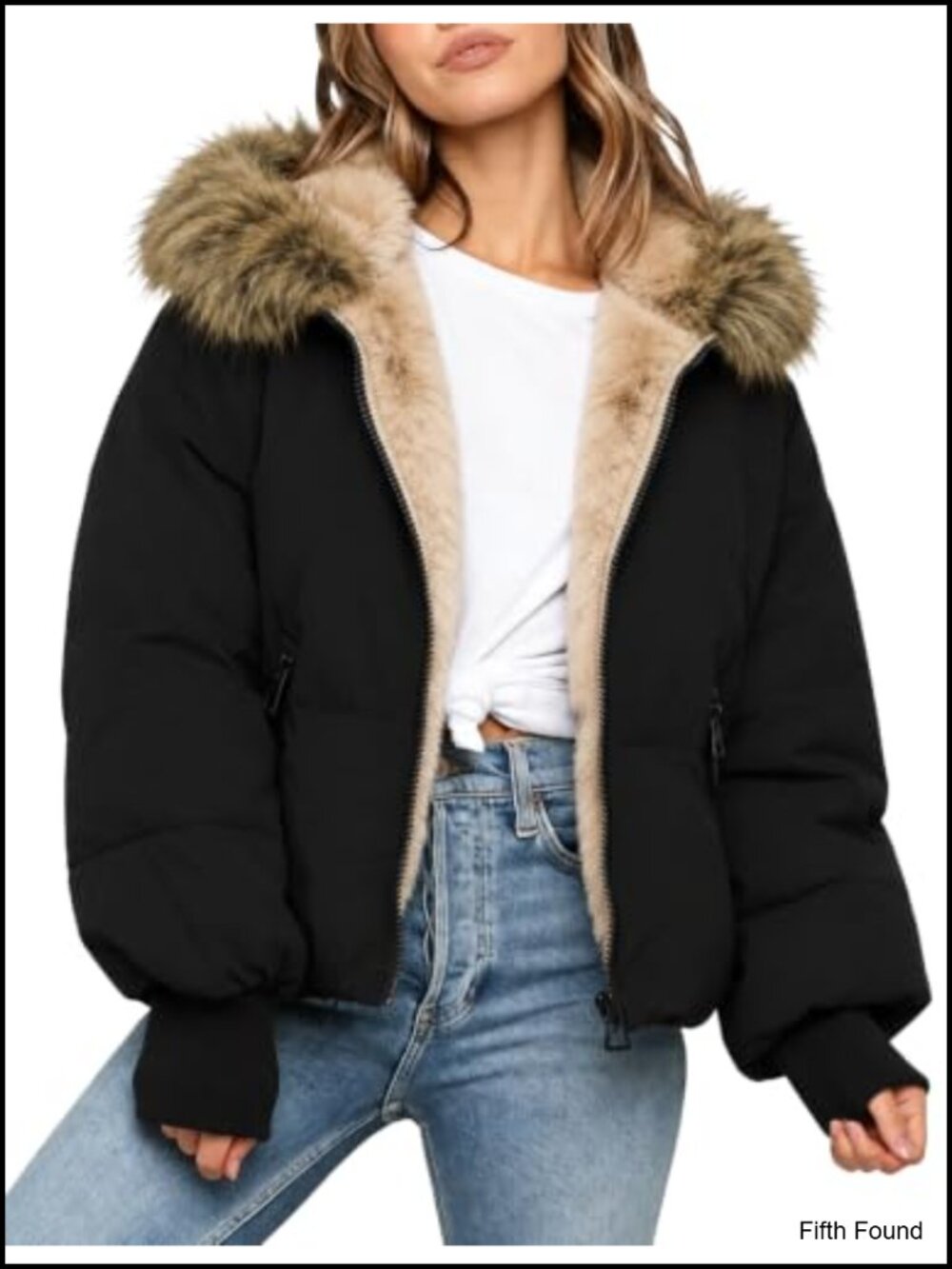 Women's Cropped Quilted Puffer Jacket Faux Fur Hood Sherpa Lined Winter Coat